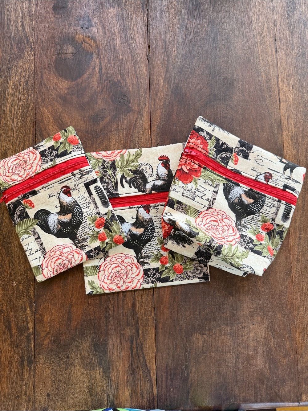 Bundle of 3 Handcrafted Rooster Print Zipper Bags